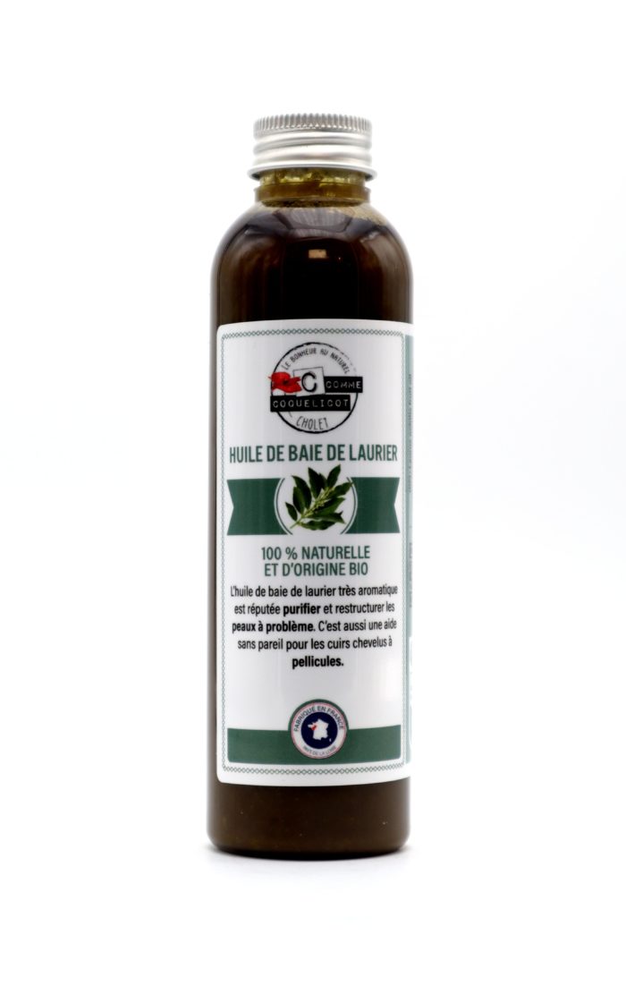 <div class="categorie">Huile Végétale</div><div class="description">100% origine BIO <br><span style="font-weight:600;">Huile cosmétique de Baie de Laurier</span></div><div class="avantage">Peaux mixtes à grasses</div><div class="lavage">150 ml</div>